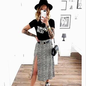 Leopard Print Women's Midi Skirt W Slit